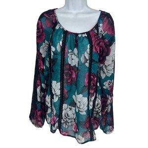 White House Black Market Womens Green Red Floral Lace Trim Sheer Blouse Size M